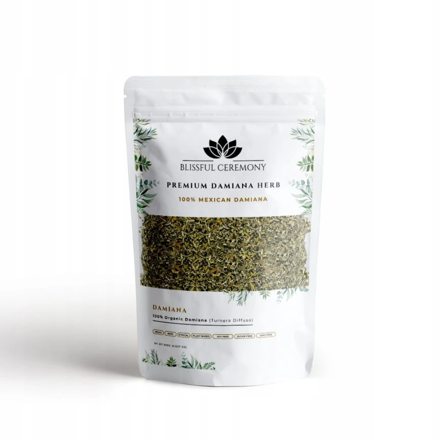 Suszone ziele Damiana Turnera diffusa z Meksyku w opakowaniu Blissful Ceremony 100 g