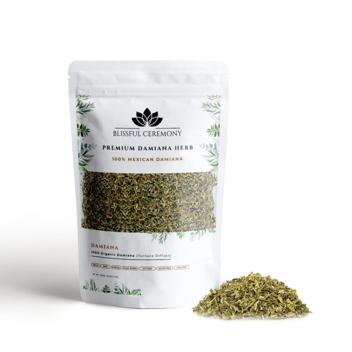 Suszone ziele Damiana (Turnera diffusa) 100 g w opakowaniu Blissful Ceremony z wysypanym zielem