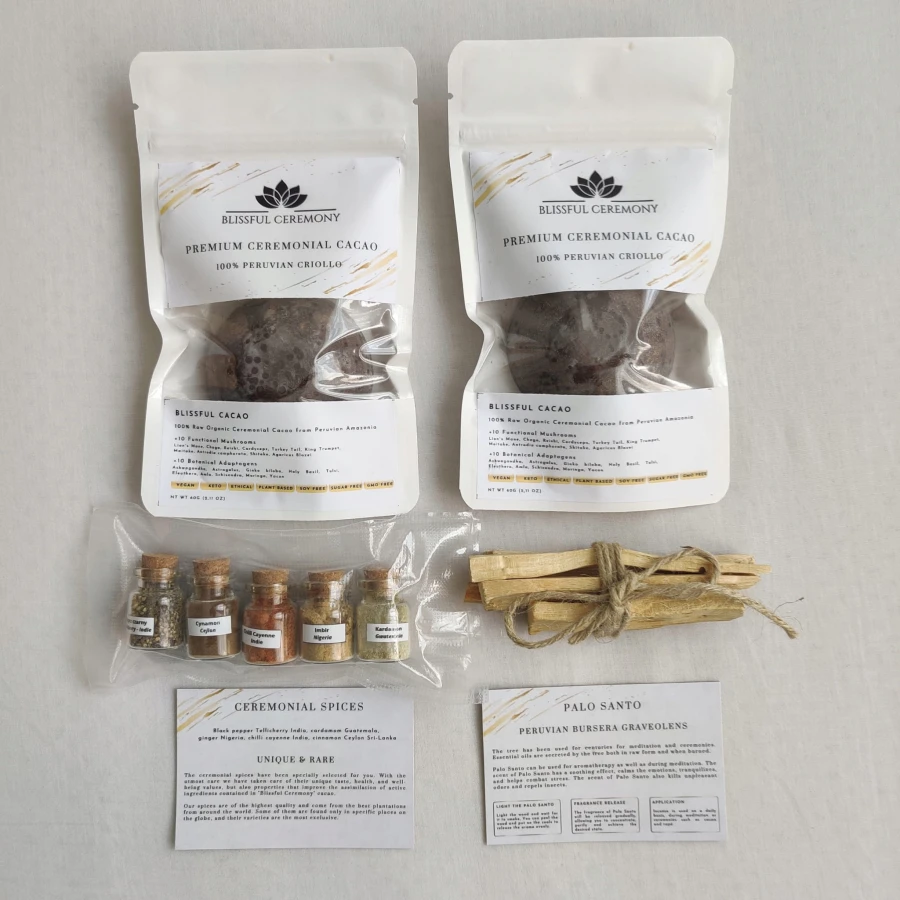 Zestaw Kakao Ceremonialne Naturalne Ekologiczne bez Cukru Peru Criollo 120g