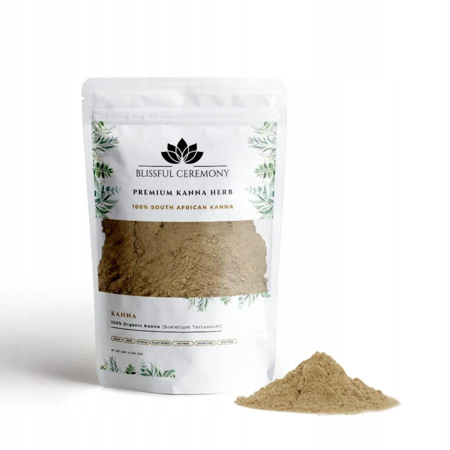 Sproszkowane ziele Kanna Sceletium tortuosum z Południowej Afryki w opakowaniu Blissful Ceremony 50 g