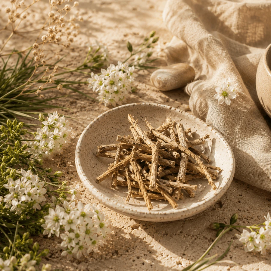 Suszony korzeń African Dream Root (Silene capensis) w drewnianej miseczce z Południowej Afryki