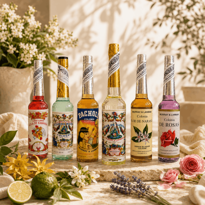 Zestaw 7 wód zapachowych Lanman &amp; Kemp Agua de Florida 221 ml i 270 ml, Agua de Kananga 221 ml, Flor de Naranja 221 ml, Palo Santo, Colonia de Rosas 221 ml oraz Patchouli Cologne 221 ml