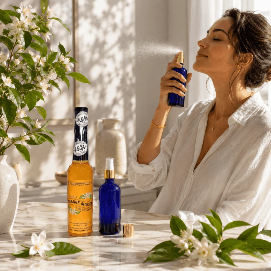 Woda zapachowa Orange Blossom Lanman &amp; Kemp 221 ml przy lustrze w łazience