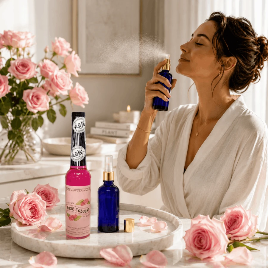 Woda zapachowa Rose Cologne Lanman &amp; Kemp 221 ml przy lustrze w łazience