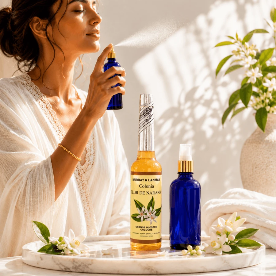 Woda zapachowa Orange Blossom Murray &amp; Lanman Lanman &amp; Kemp 221 ml przy lustrze w łazience