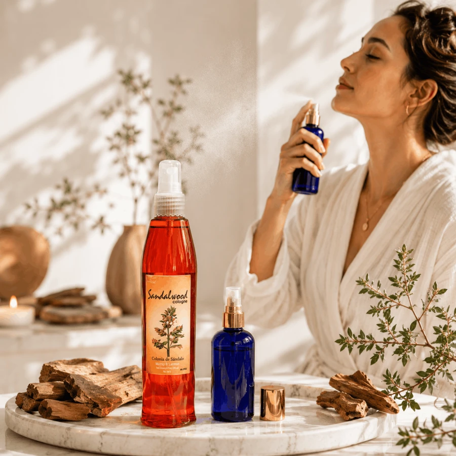 Woda zapachowa Sandalwood Spray Murray &amp; Lanman Lanman &amp; Kemp 250 ml przy lustrze w łazience