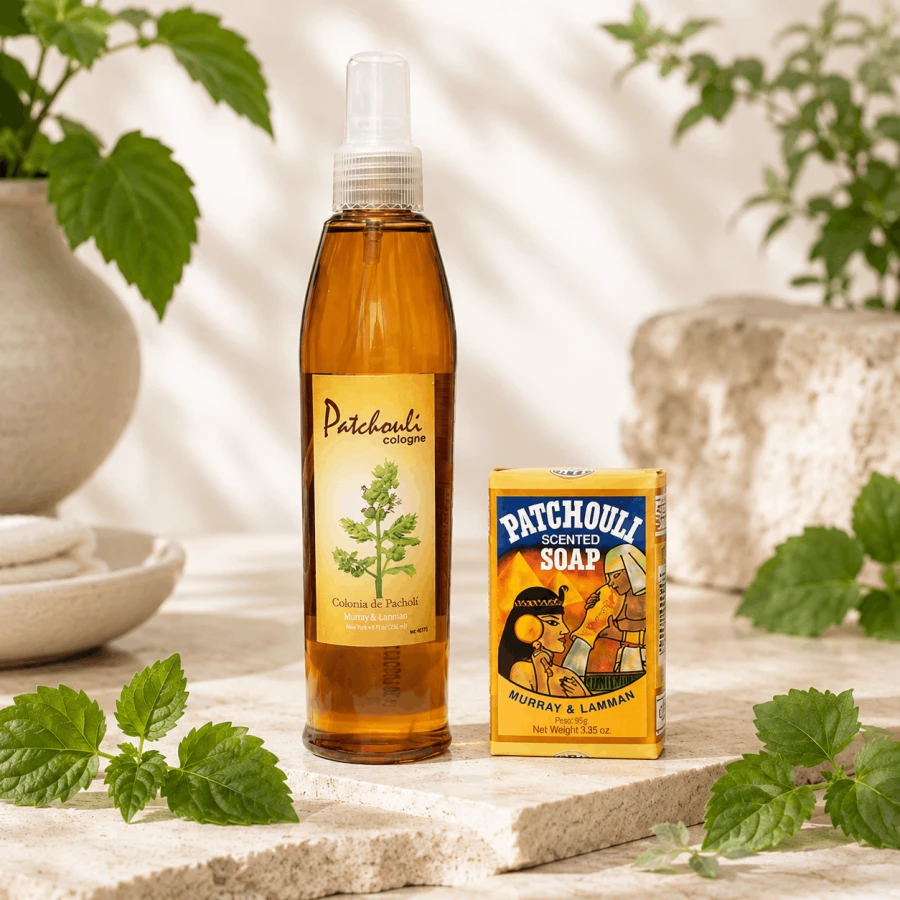 Zestaw wody zapachowej Patchouli Cologne i mydła Patchouli Murray &amp; Lanman Lanman &amp; Kemp z liśćmi paczuli