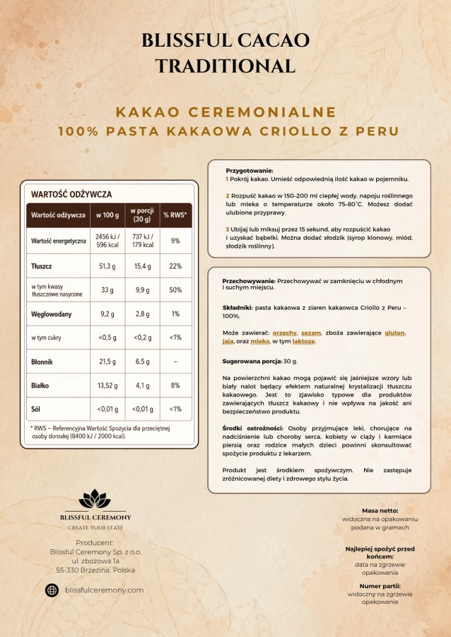 Instrukcja stosowania ceremonialnego kakao Criollo Traditional Blissful Ceremony