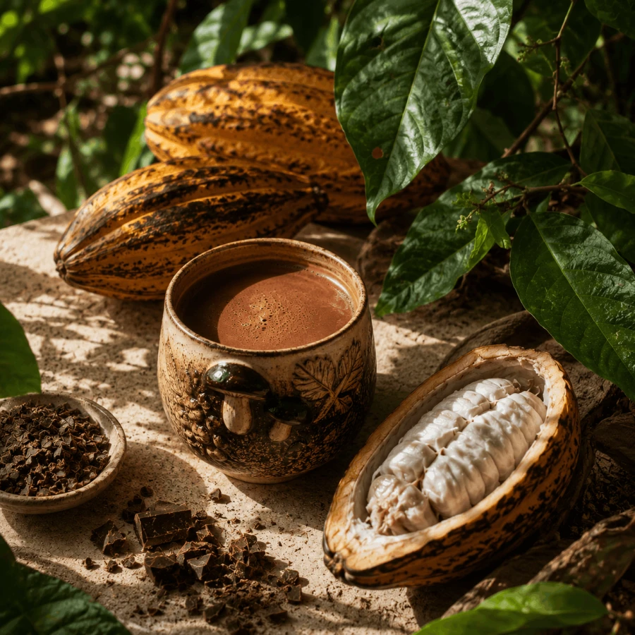 Ceramiczny kubek z grzybami z kostką ceremonialnego kakao