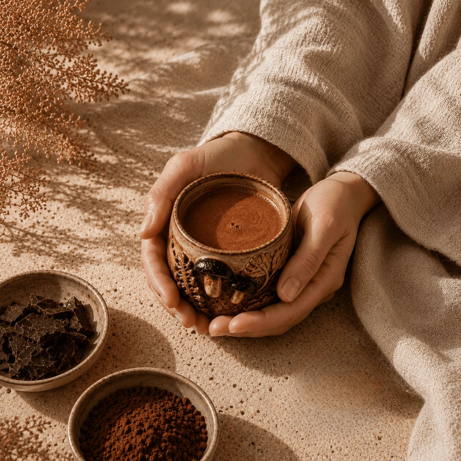 Napój z ceremonialnego kakao w ceramicznym kubku z grzybami