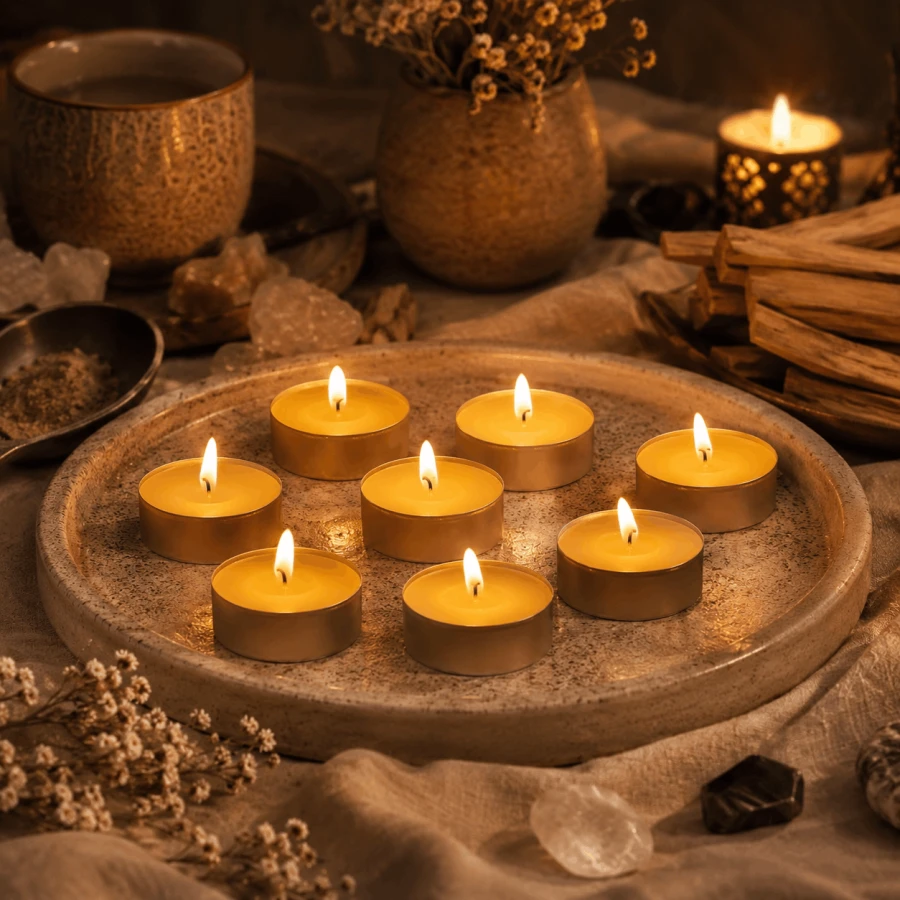 Palące się świece tealight z naturalnego wosku pszczelego