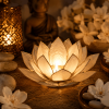 Świecznik Lotus z zapaloną świeczką tealight