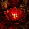 Czerwony świecznik Lotus z zapaloną świeczką tealight