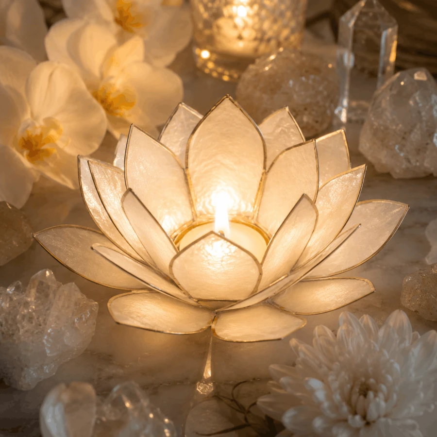 Biały świecznik Lotus z zapaloną świeczką tealight