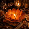 Pomarańczowy świecznik Lotus z zapaloną świeczką tealight