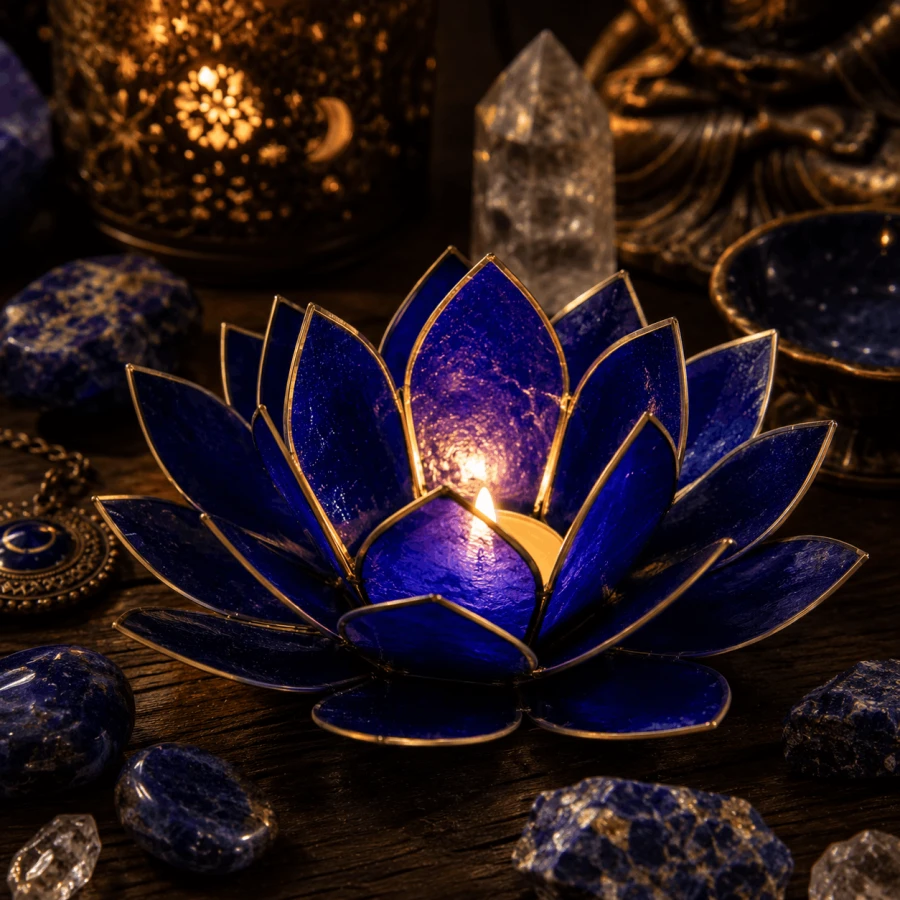 Indygo świecznik Lotus z zapaloną świeczką tealight