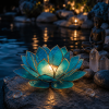 Akwamarynowy świecznik Lotus z zapaloną świeczką tealight