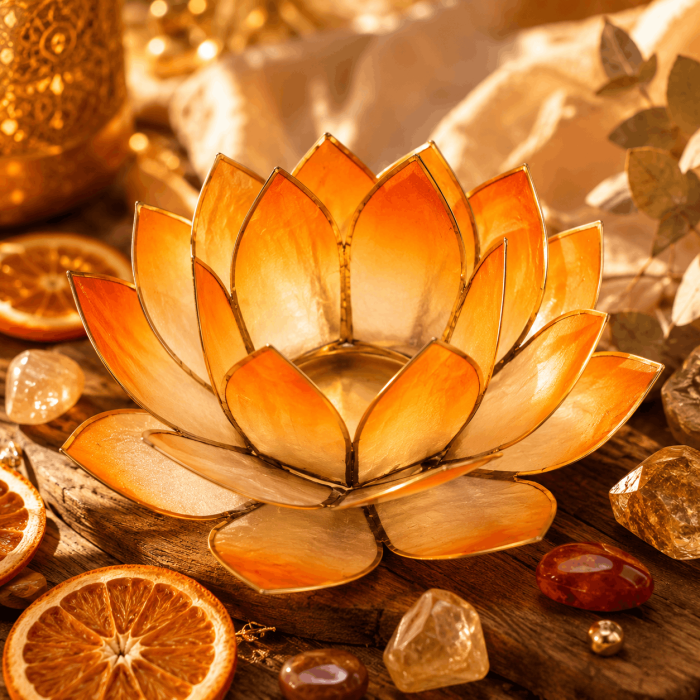 Cieniowany pomarańczowy świecznik Kwiat Lotosu z muszli Capiz w aranżacji