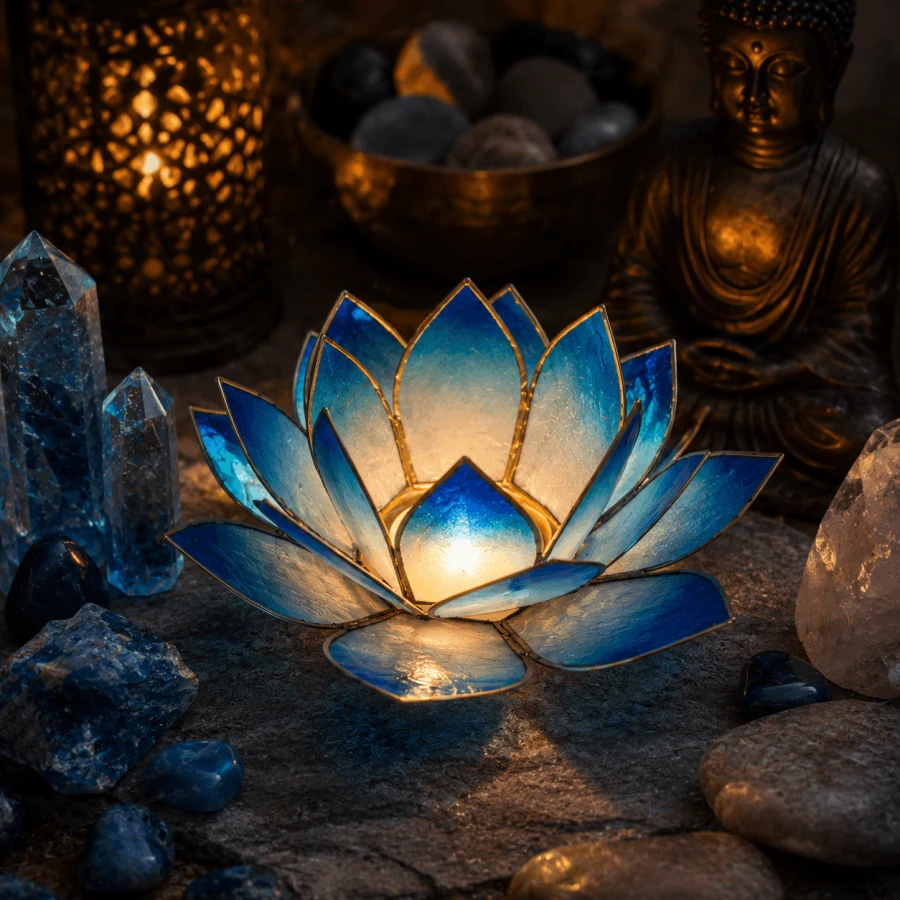 Cieniowany niebieski świecznik Lotus z zapaloną świeczką tealight