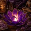 Fioletowy świecznik Lotus z zapaloną świeczką tealight