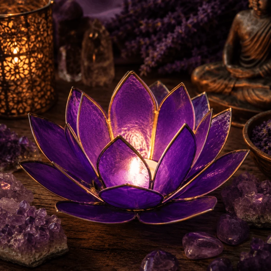Fioletowy świecznik Lotus z zapaloną świeczką tealight