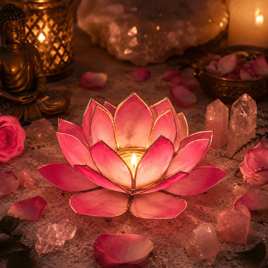Cieniowany różowy świecznik Lotus z zapaloną świeczką tealight