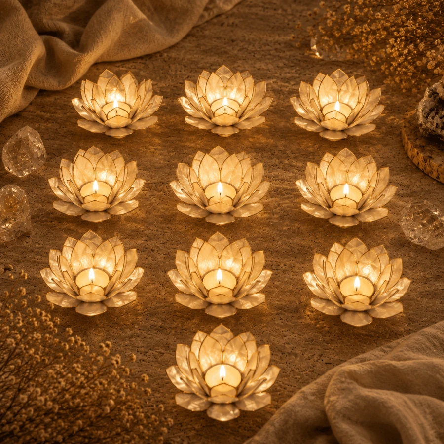 Białe świeczniki Lotus z zapalonymi świeczkami tealight