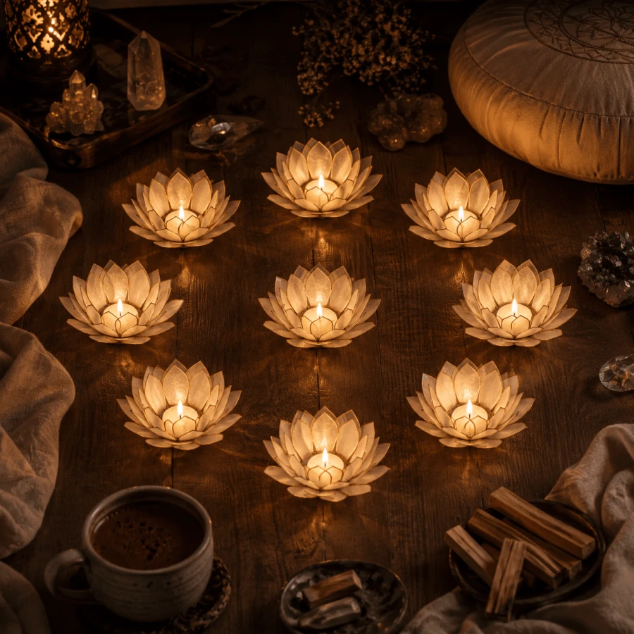 Świeczniki Lotus z naturalnej muszli Capiz z zapalonymi świeczkami tealight