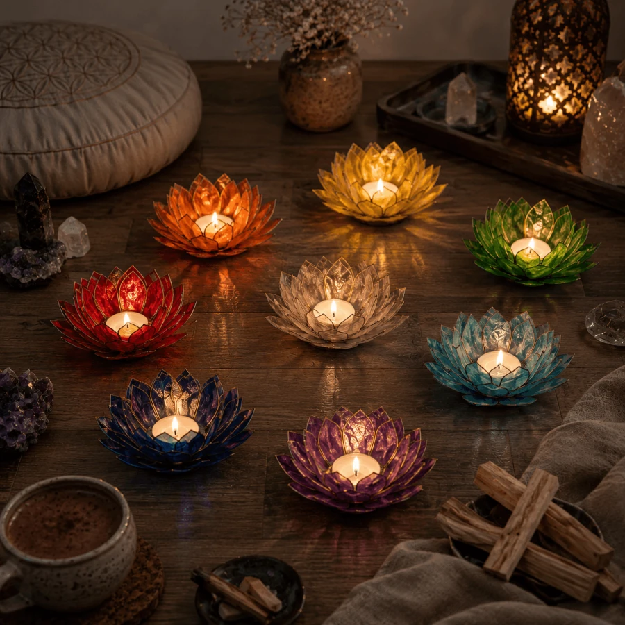 Świeczniki Lotus w kolorach siedmiu czakr z zapalonymi świeczkami tealight