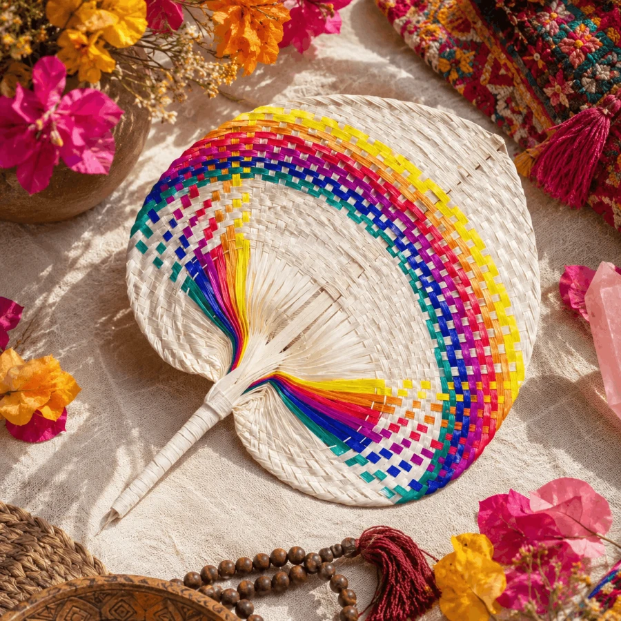 Kolorowy bambusowy wachlarz boho w naturalnej aranżacji