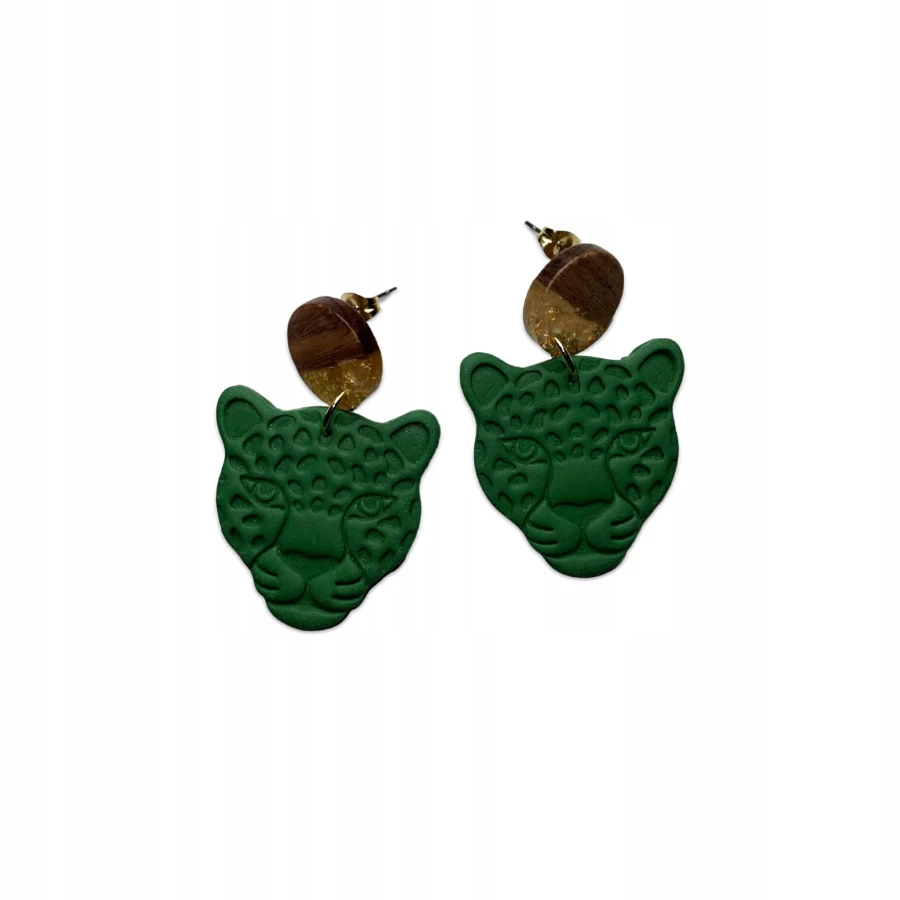 Kolczyki Zielone Gepard Green Leopard Cheetah Boho Wiszące Glina Polimerowa