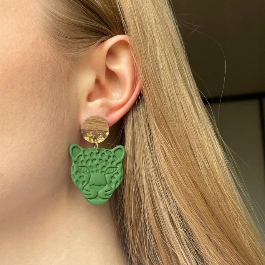 Kolczyki Zielone Gepard Green Leopard Cheetah Boho Wiszące Glina Polimerowa