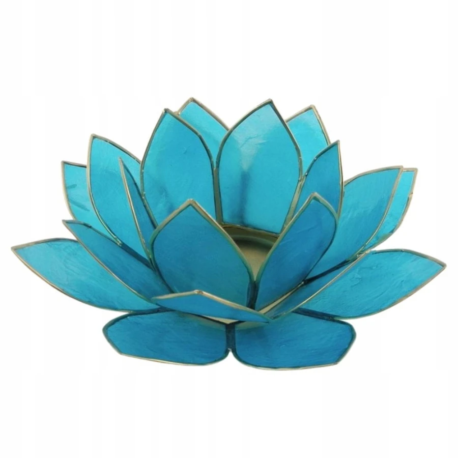 Akwamarynowy świecznik Kwiat Lotosu z naturalnej muszli Capiz na świeczkę tealight