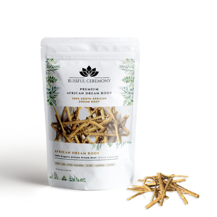 Suszony korzeń African Dream Root (Silene capensis) 50 g w opakowaniu Blissful Ceremony z kawałkami korzenia