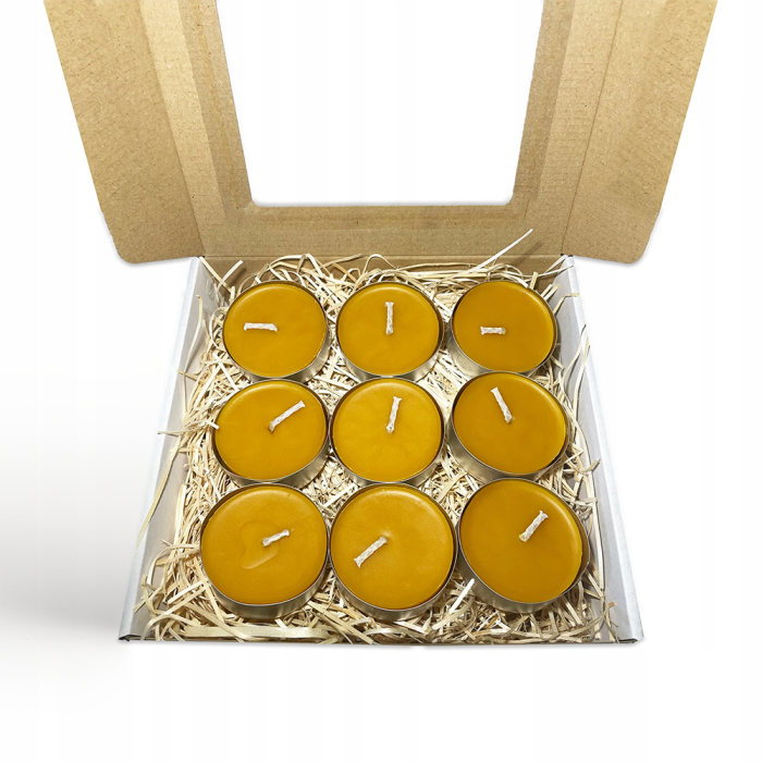 Duża świeca tealight z 100% naturalnego wosku pszczelego – zestaw 9 sztuk