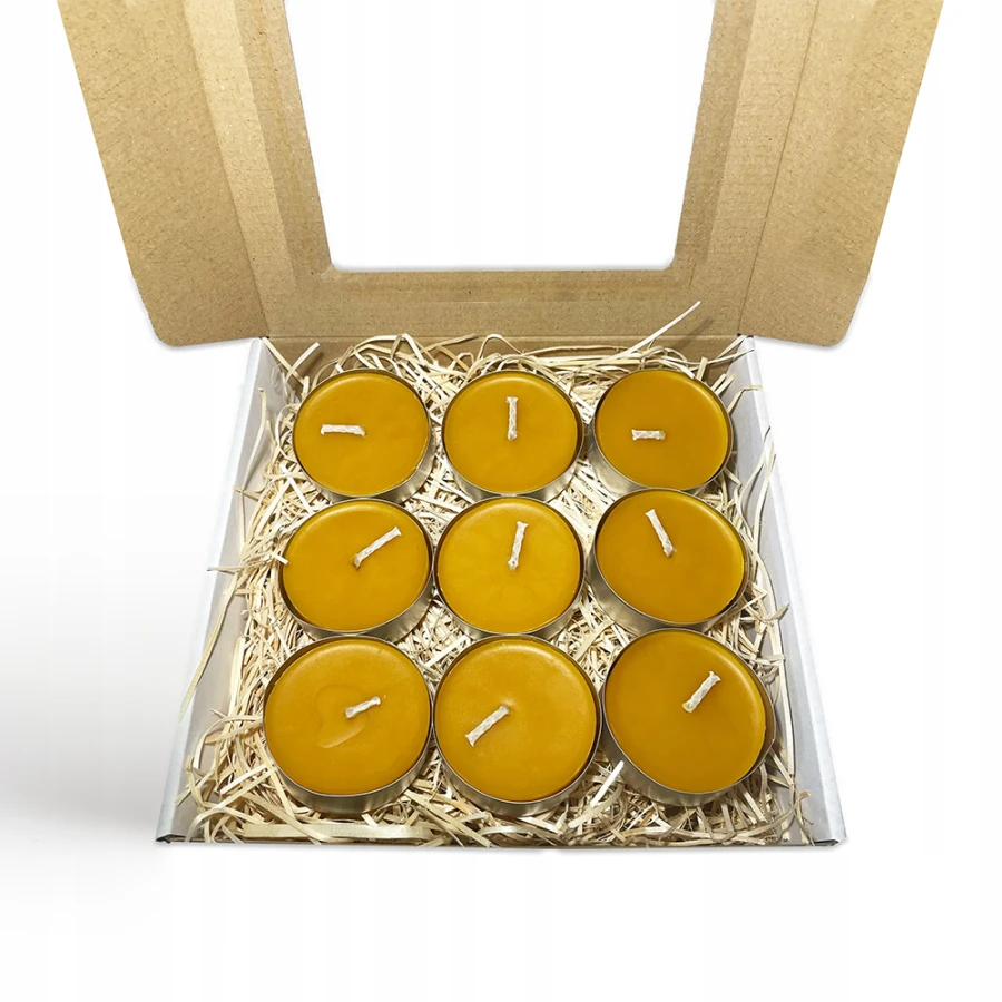 Duża świeca tealight z 100% naturalnego wosku pszczelego – zestaw 9 sztuk