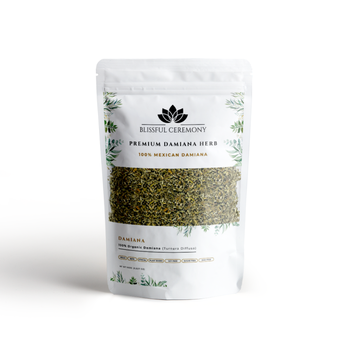 Suszone ziele Damiana Turnera diffusa z Meksyku w opakowaniu Blissful Ceremony 100 g