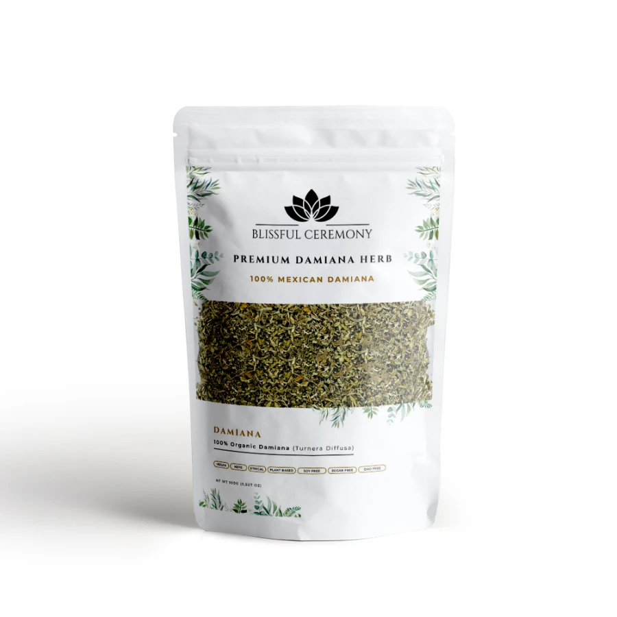 Suszone ziele Damiana Turnera diffusa z Meksyku w opakowaniu Blissful Ceremony 100 g