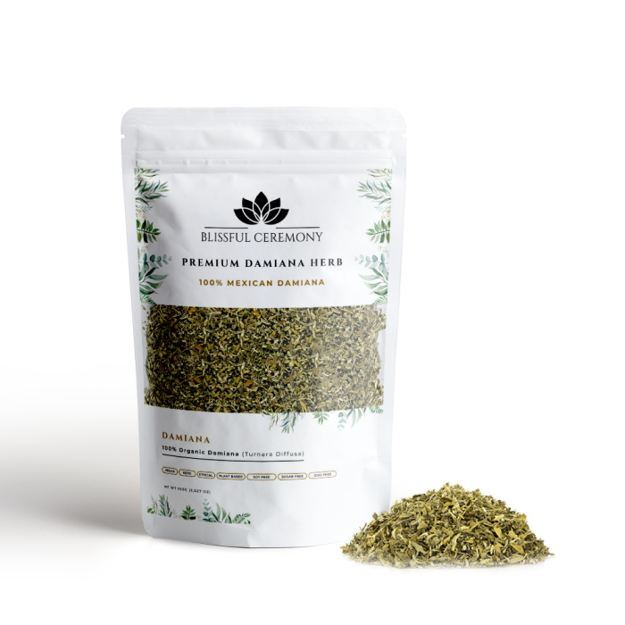 Suszone ziele Damiana (Turnera diffusa) 100 g w opakowaniu Blissful Ceremony z wysypanym zielem