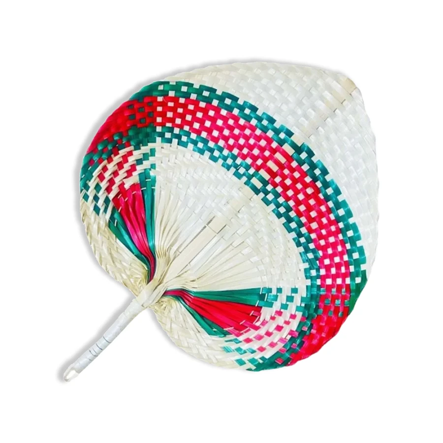 Ręcznie robiony bambusowy wachlarz boho w kolorze czerwono-zielonym 30 × 35 cm